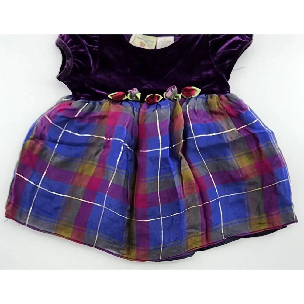 Marmellata Baby Girl Short Sleeve Party Dress Velvet Top Plaid Skirt Purple 6-9M